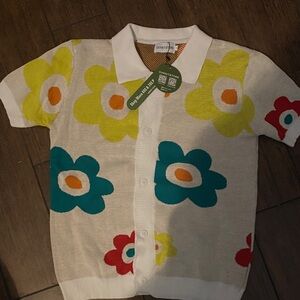 Casual Floral Button-Down Polo Shirt - White with Yellow, Teal & Red Flowers